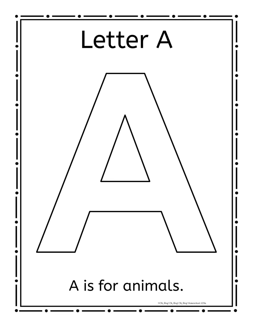 Letter A: a large outlined A that children fill with animal stickers or stamps, with the sentence A is for animals
