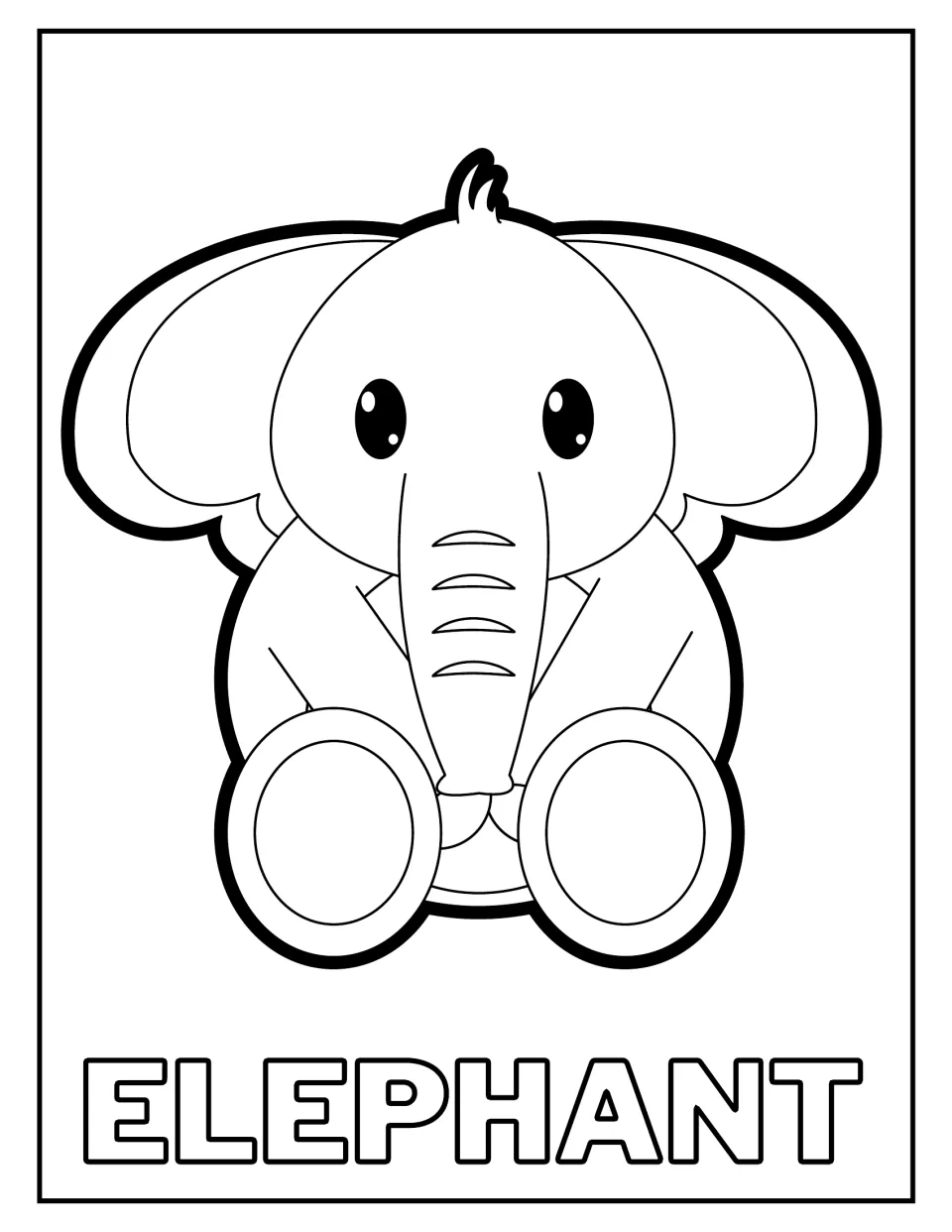 Elephant coloring page: children color a seated cartoon elephant with big ears and a curled trunk, labeled ELEPHANT