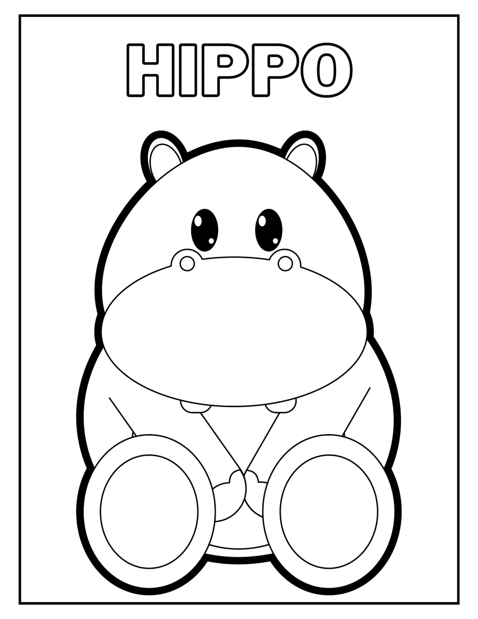 Hippo coloring page: children color a round cartoon hippo with small ears and a wide snout, labeled HIPPO