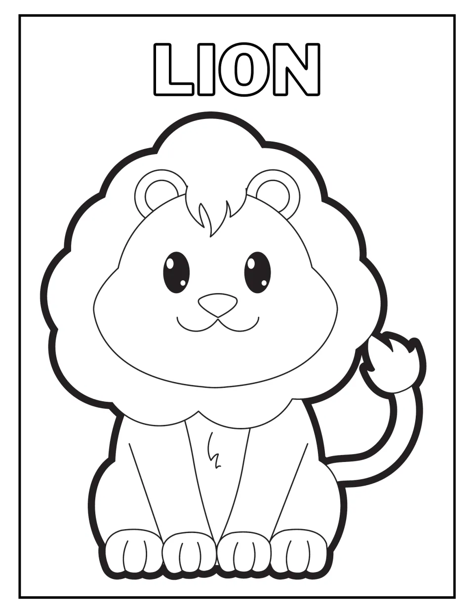 Lion coloring page: children color a smiling cartoon lion with a fluffy mane and tufted tail beneath the word LION