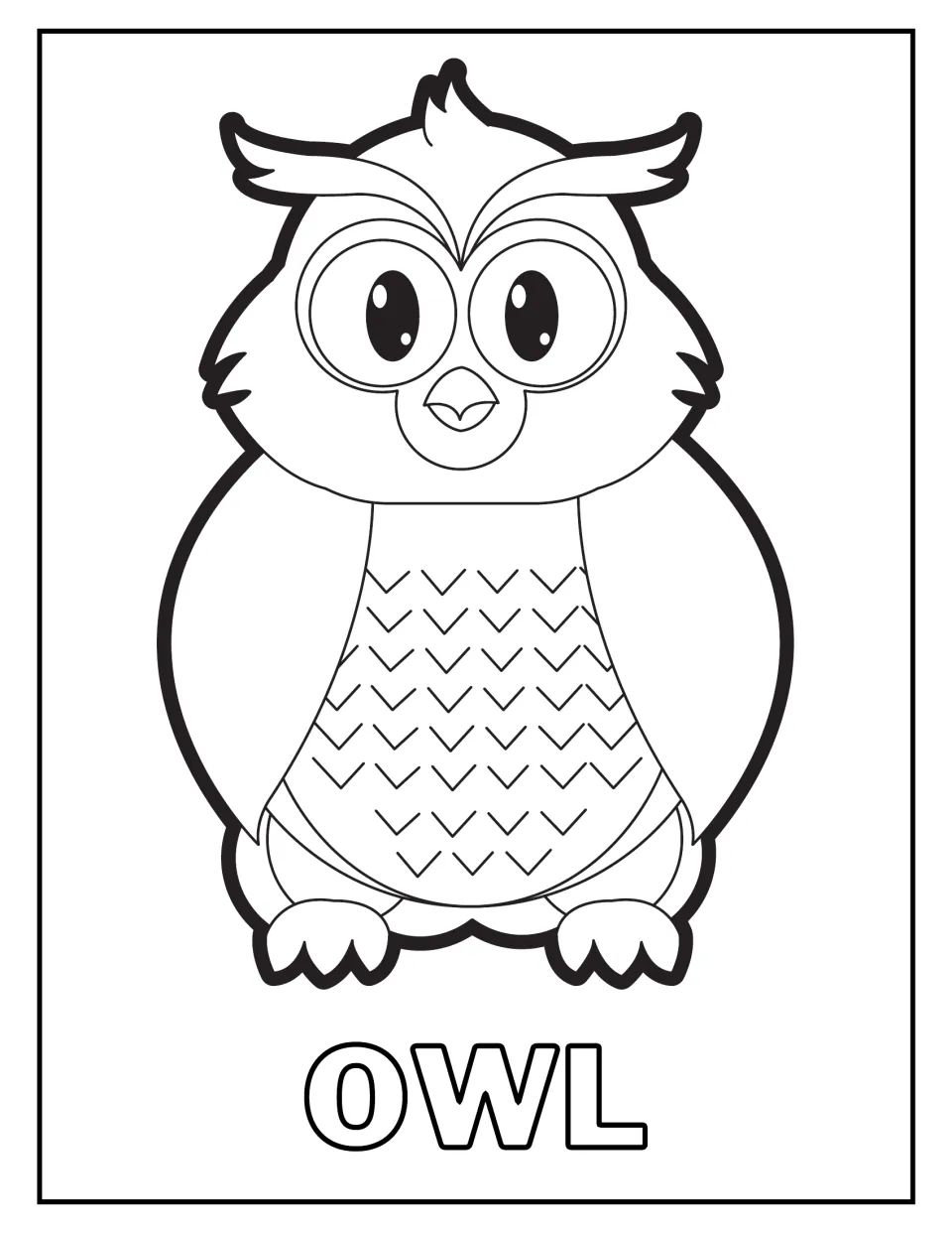 Owl coloring page: children color a wide-eyed cartoon owl with ear tufts and chevron-patterned chest, labeled OWL