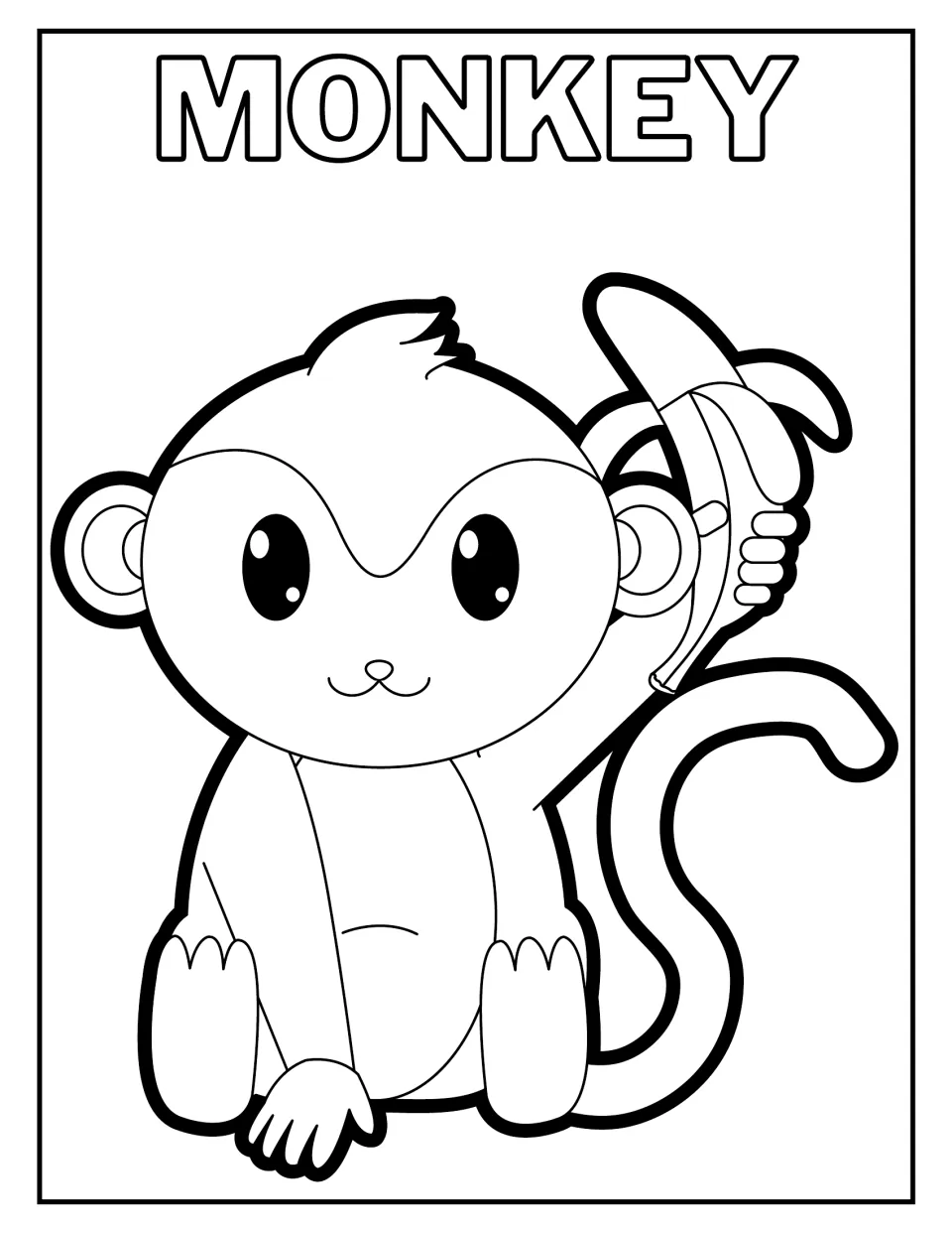 Monkey coloring page: children color a seated cartoon monkey holding a peeled banana, with a curly tail, under MONKEY