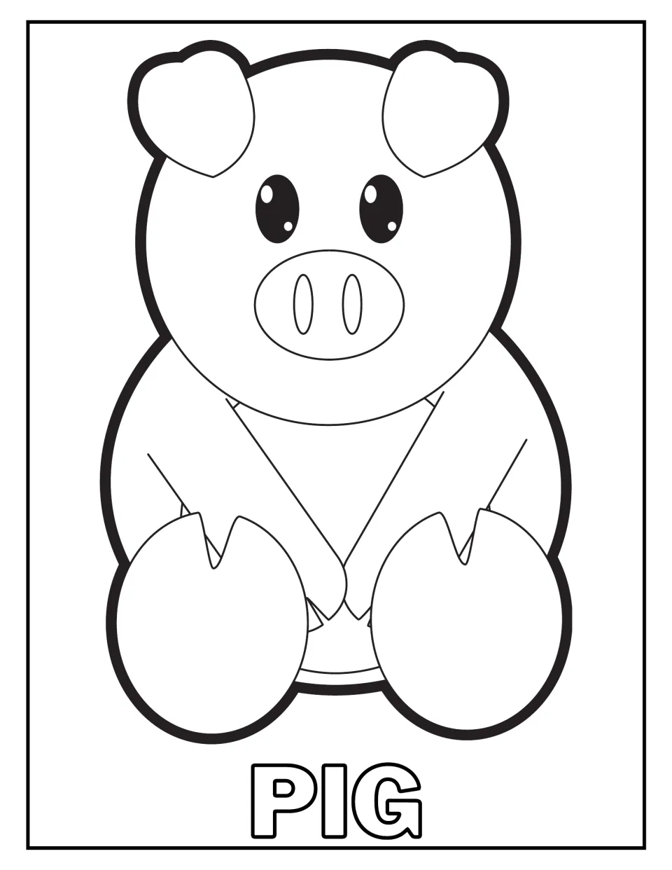 Pig coloring page: children color a seated cartoon pig with floppy ears, a round snout and hooves, labeled PIG