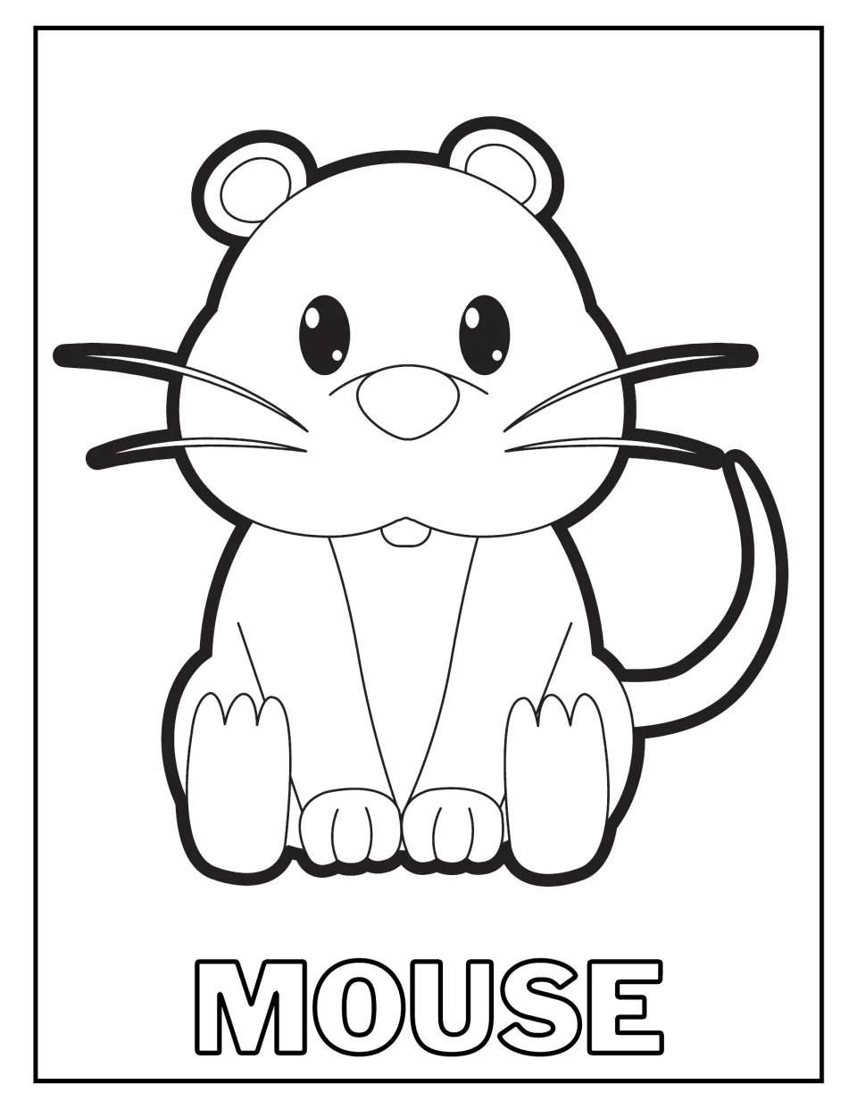 Mouse coloring page: children color a seated cartoon mouse with round ears, long whiskers and a thin tail, labeled MOUSE