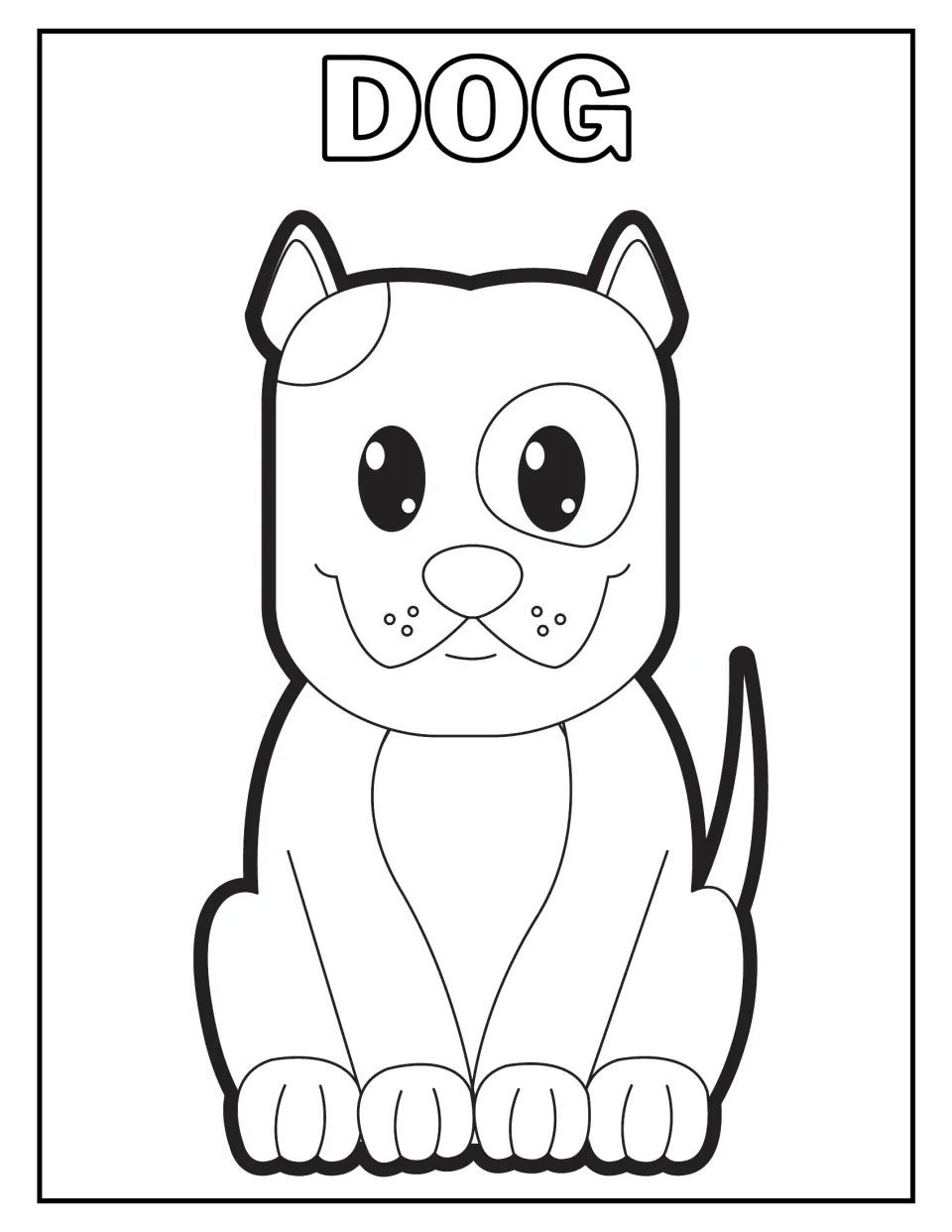 Dog coloring page: children color a smiling cartoon puppy with a spot over one eye and pointed ears under the word DOG