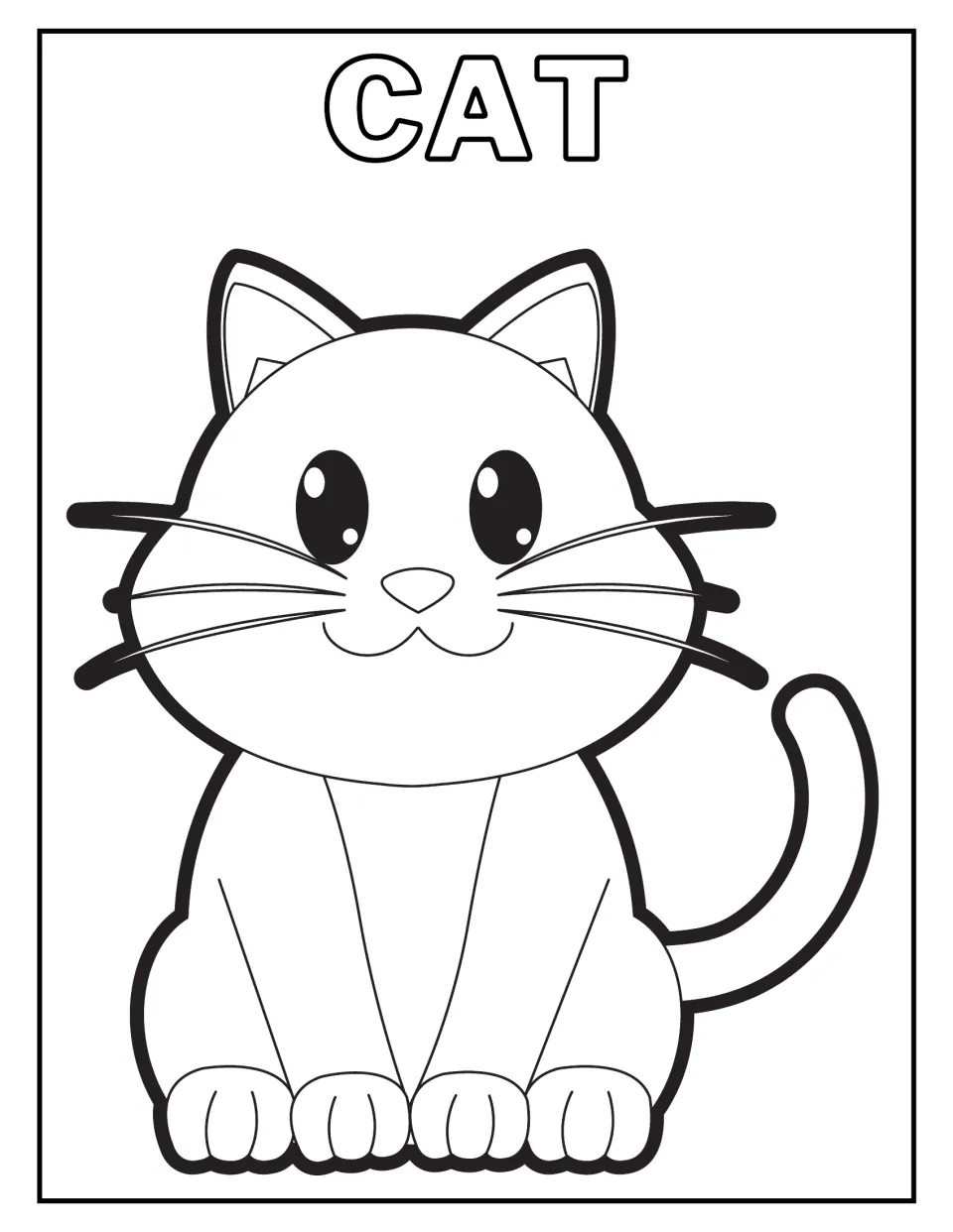 Cat coloring page: children color a sitting cartoon kitten with whiskers, pointed ears and a curled tail beneath CAT