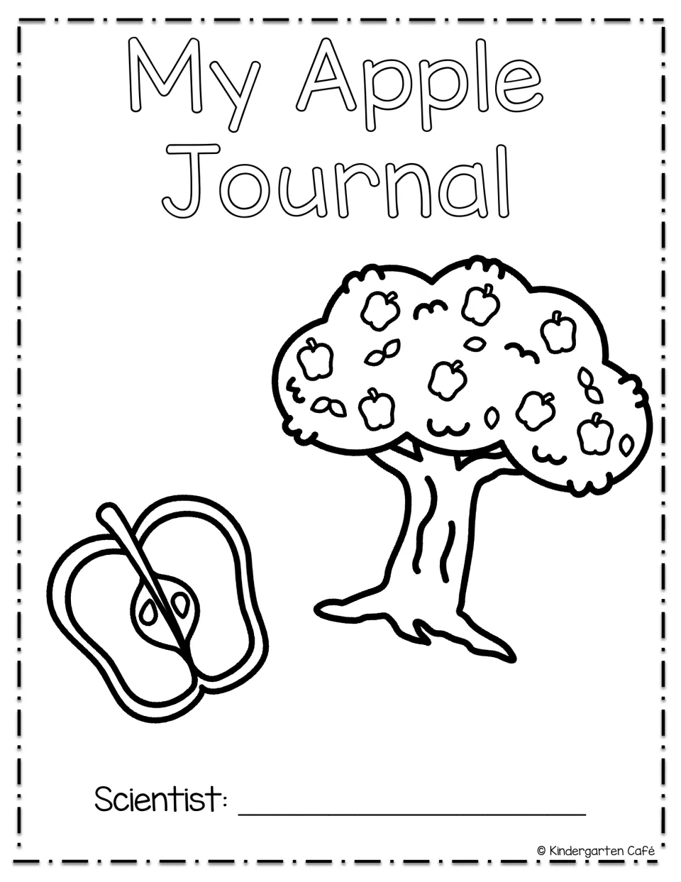 Black-and-white cover for the apple study journal, with an apple tree and a space for the scientist's name