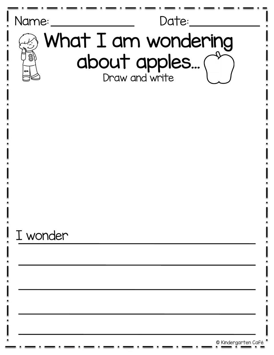 Apple journal entry asks students to draw and write what they wonder about apples, starting with 'I wonder'