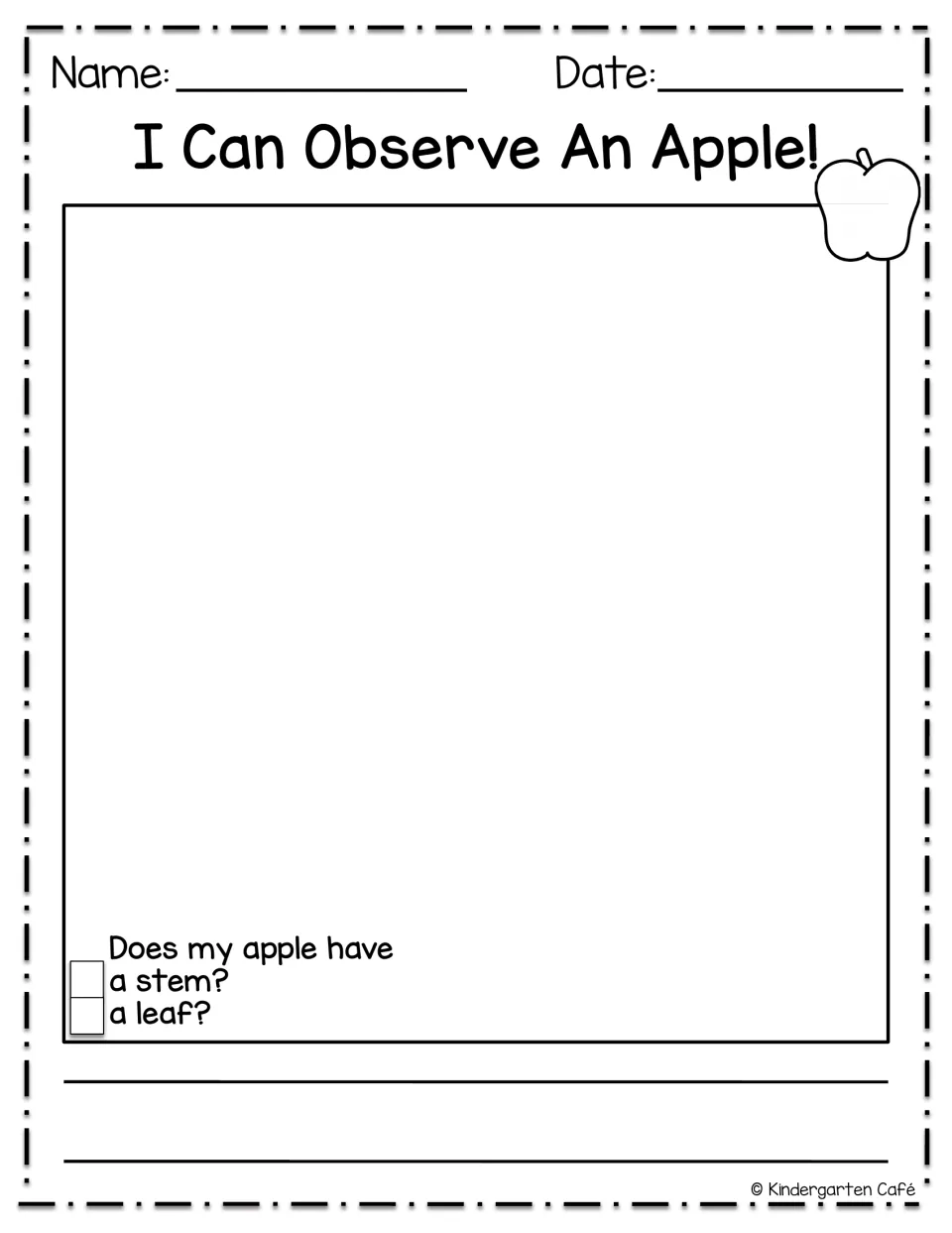 Apple journal entry titled 'I Can Observe An Apple!' asks whether the student's apple has a stem or a leaf