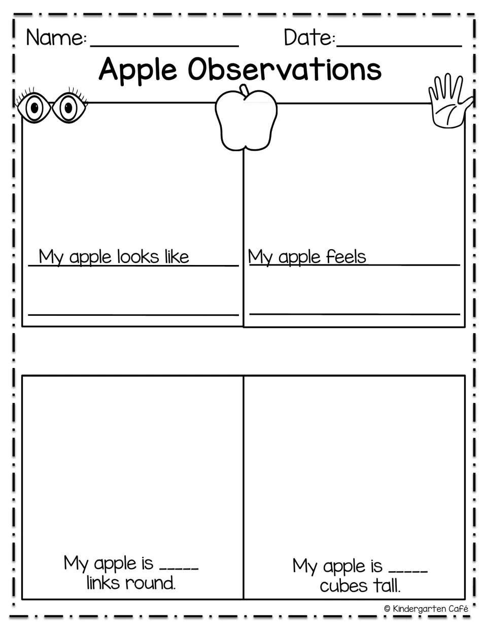 Apple journal observation entry records how an apple looks and feels, its size around in links, and height in cubes