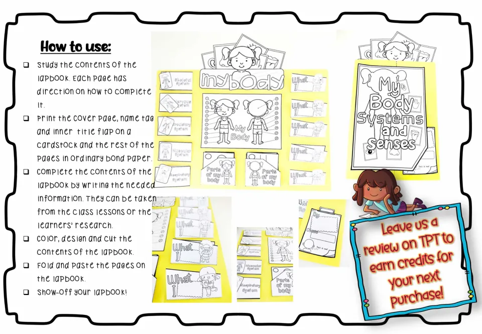 How to use: steps to print, fill in, color, cut, fold and paste the lapbook pieces, with photos of assembled folders