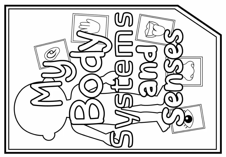 Front cover to color: bubble-letter title over a child outline with ear, hand, tooth, nose and eye pictures