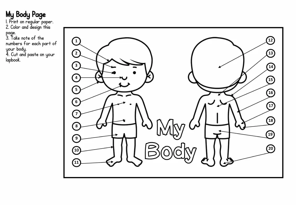 My Body Page: front and back views of a boy with 20 numbered arrows pointing to body parts such as eyes, ears and feet