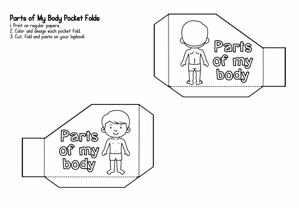 Parts of my body pocket folds: two pockets showing a boy from the front and back for students to color, cut and fold