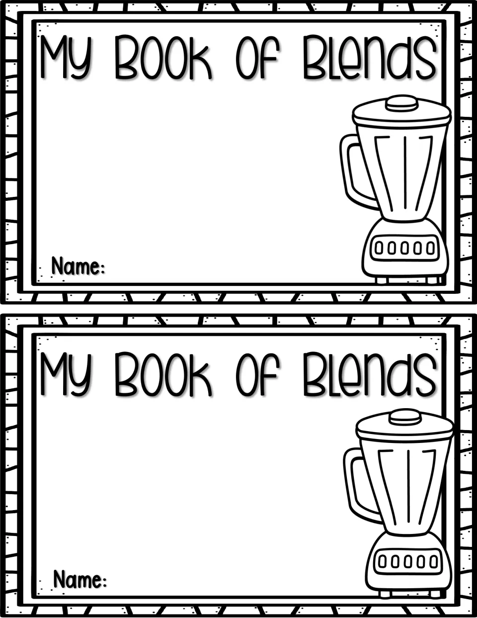 My Book of Blends cover with a blender picture and a Name line, printed two to a sheet