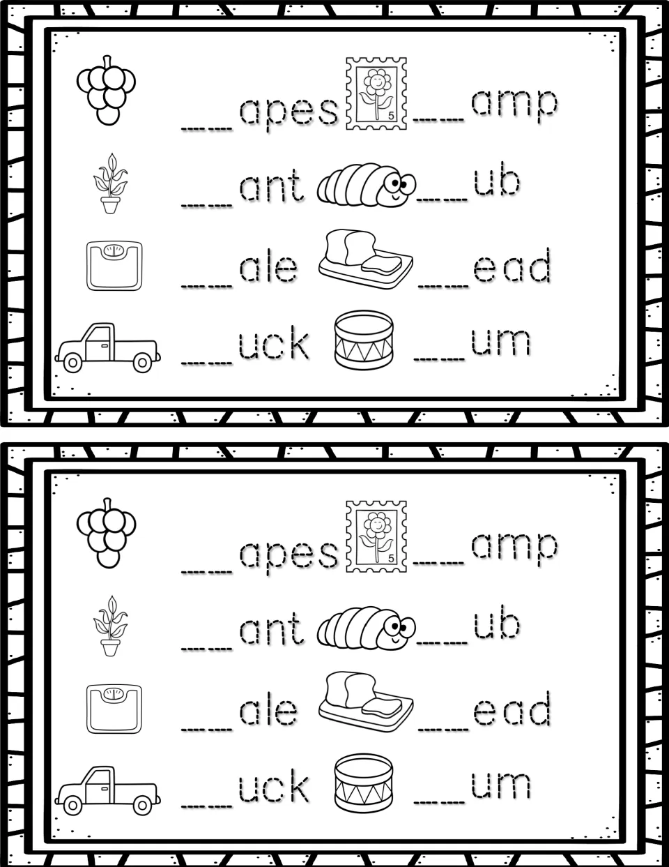 Initial blends: students write the missing blend for picture words like grapes, plant, scale, truck, stamp and drum