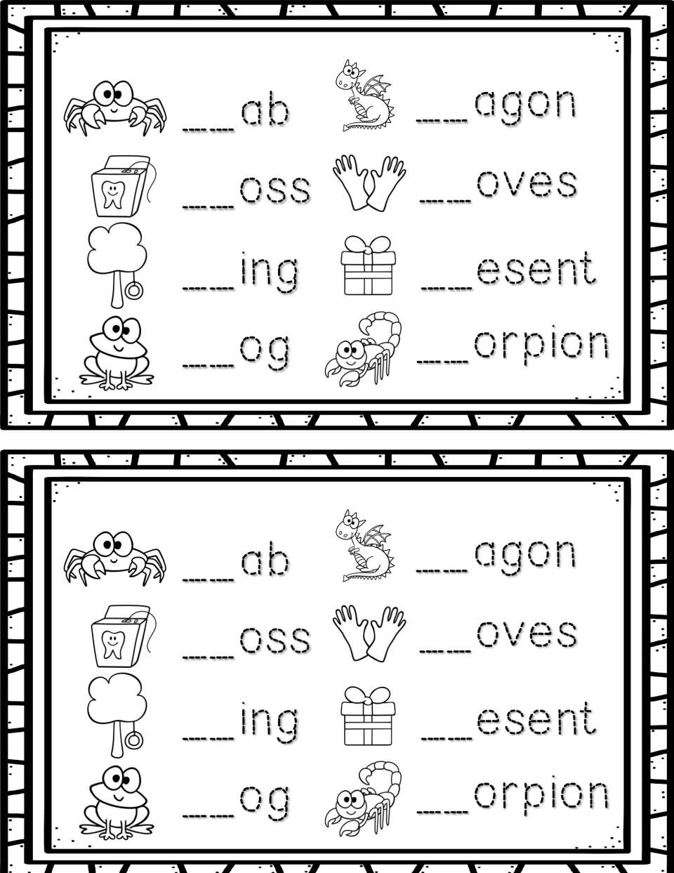 Beginning blends: students add the blend to finish crab, floss, swing, frog, dragon, gloves, present and scorpion