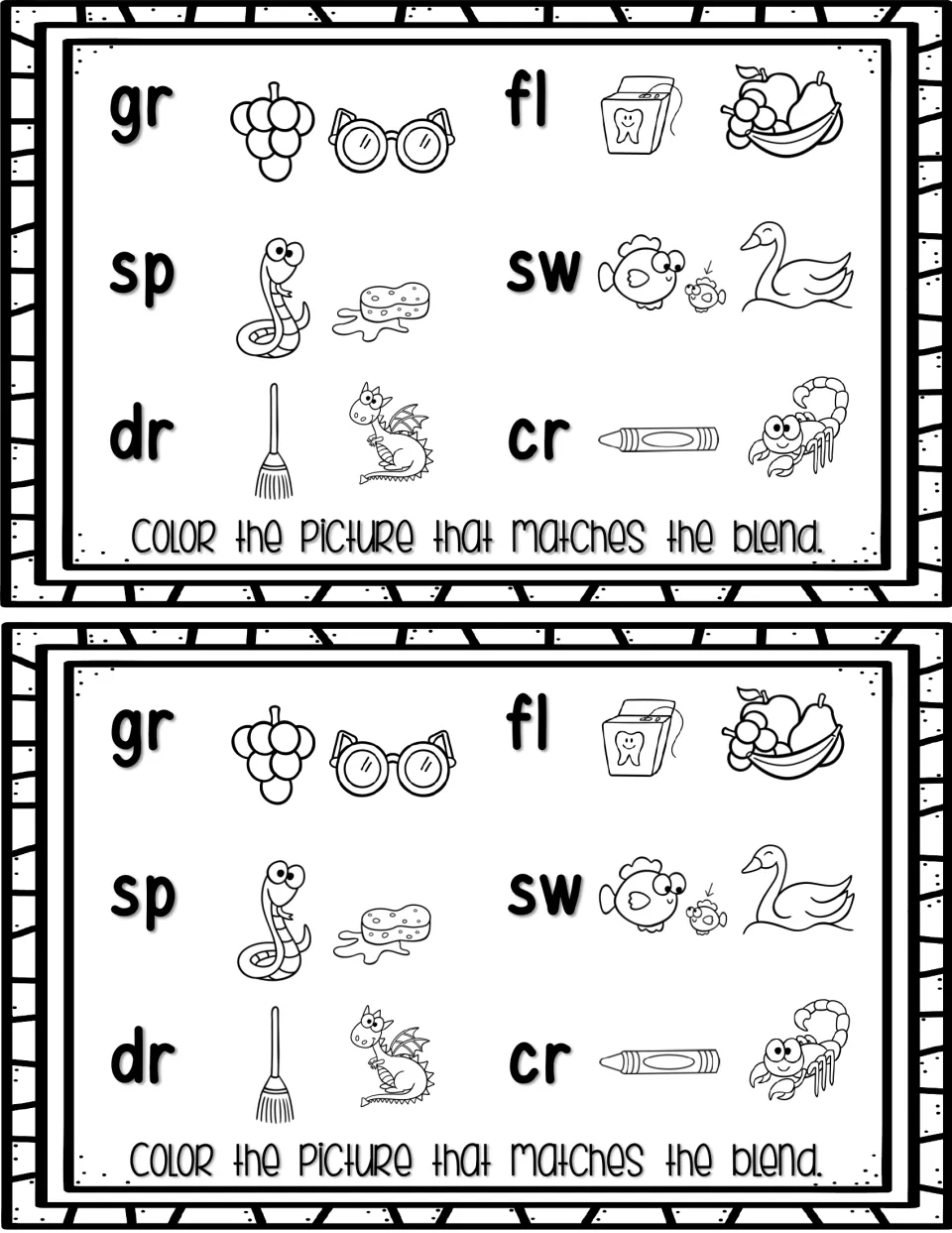 Blend sounds: for gr, fl, sp, sw, dr and cr, students color the one of two pictures whose name starts with that blend