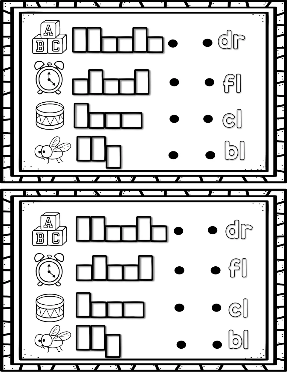 Blend matching: students spell blocks, clock, drum and fly using word shapes, then link each to dr, fl, cl or bl