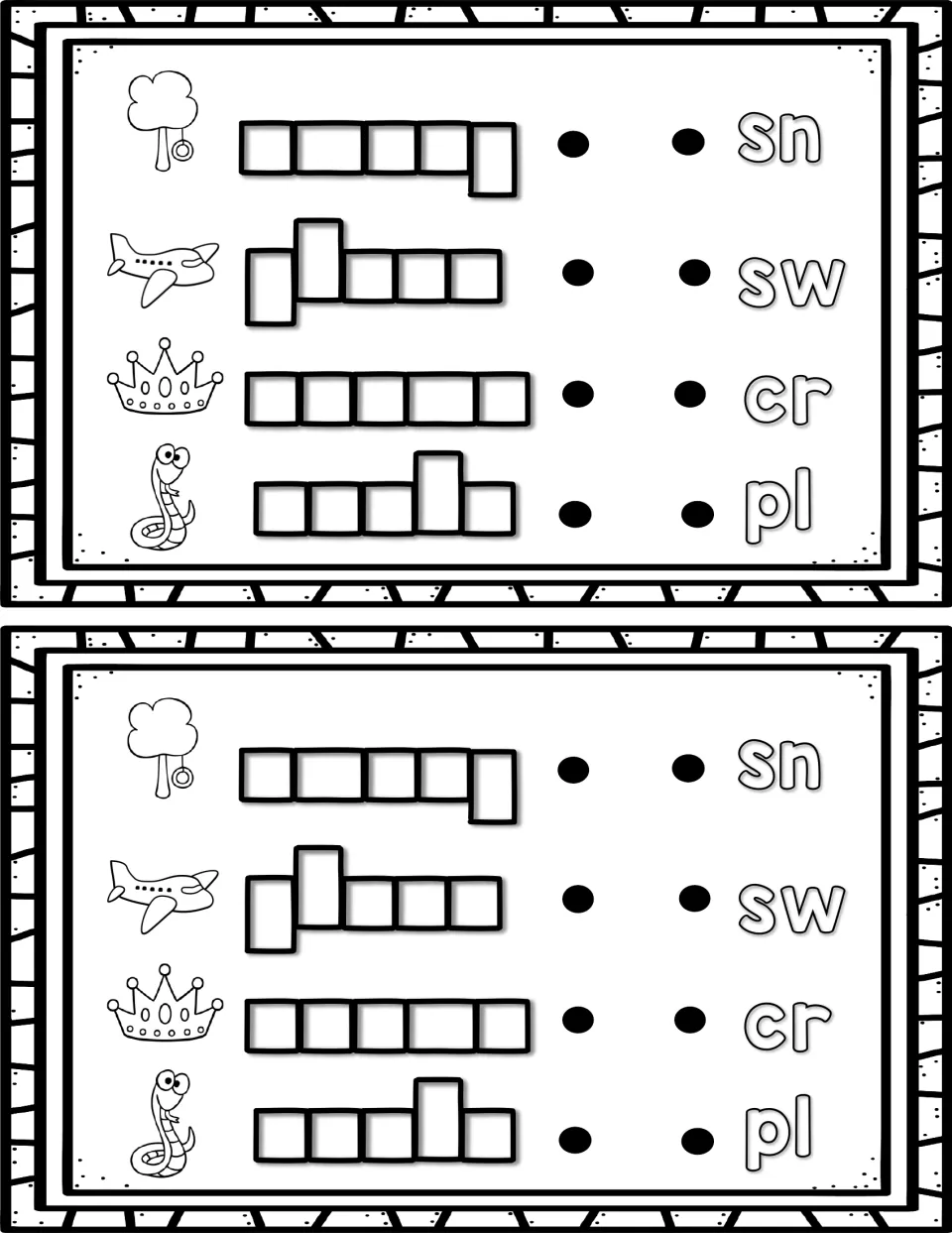 Word shapes and blends: students spell swing, plane, crown and snake, then match each picture to sn, sw, cr or pl