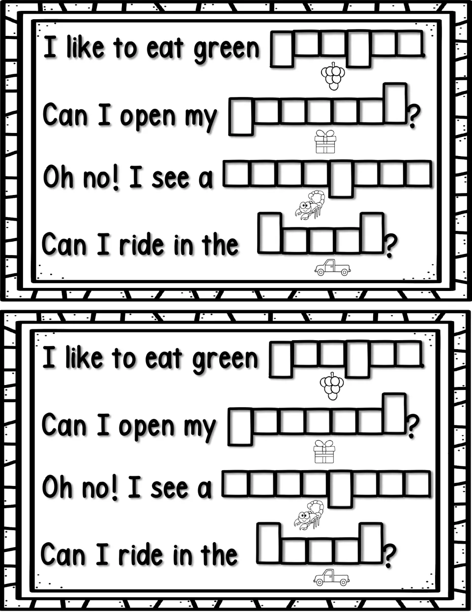 Sentence completion: students spell grapes, present, scorpion and truck to finish four picture-cued sentences