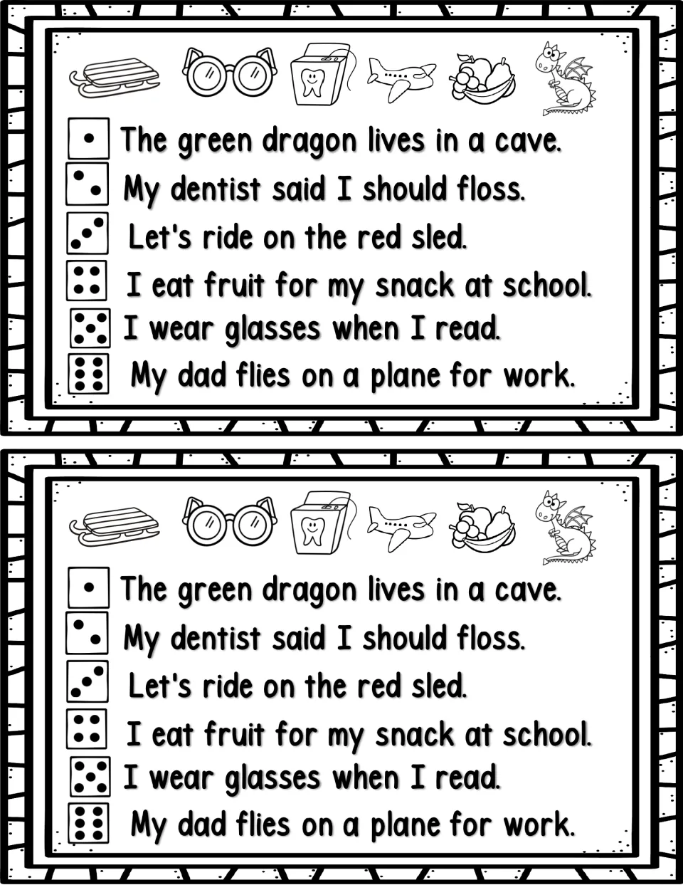 Blend sentences: students roll a die and read the matching sentence, such as 'The green dragon lives in a cave.'