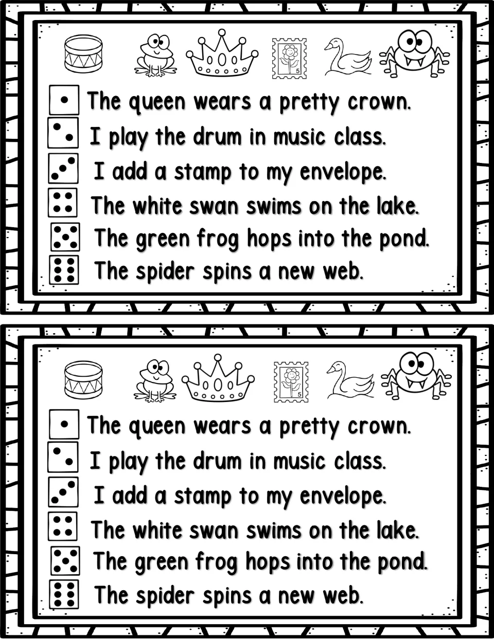 Blend sentence practice: students roll a die to pick one of six sentences, such as 'The white swan swims on the lake.'