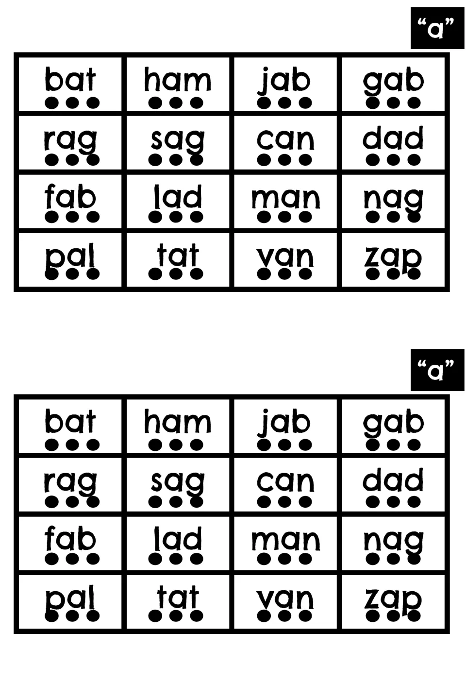 Short a CVC words: 16 words such as bat, ham, can and zap, each with three sound dots for blending, printed twice