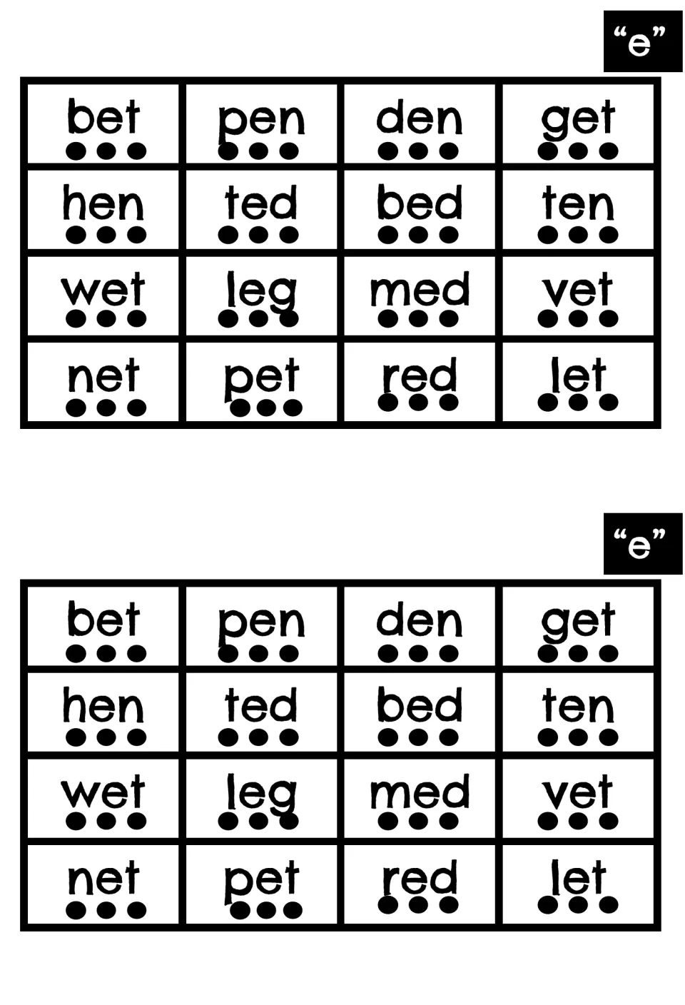 Short e CVC words: 16 words such as bet, hen, leg and red, each with three sound dots for segmenting and blending