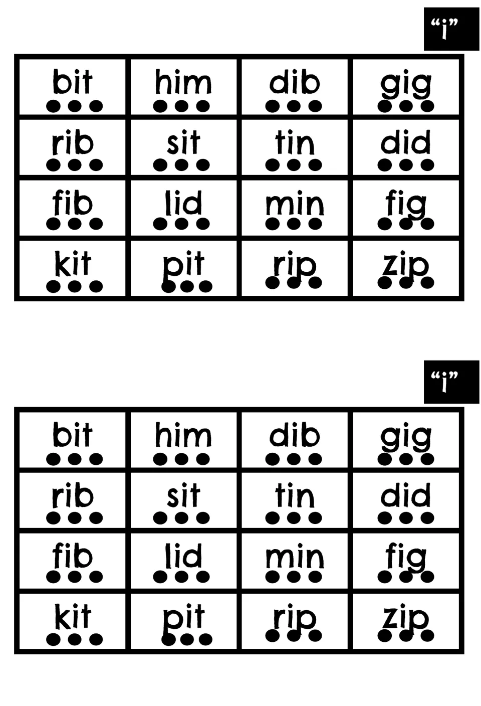 Short i CVC words: 16 words such as bit, rib, lid and zip, each with three dots marking the sounds to tap and blend