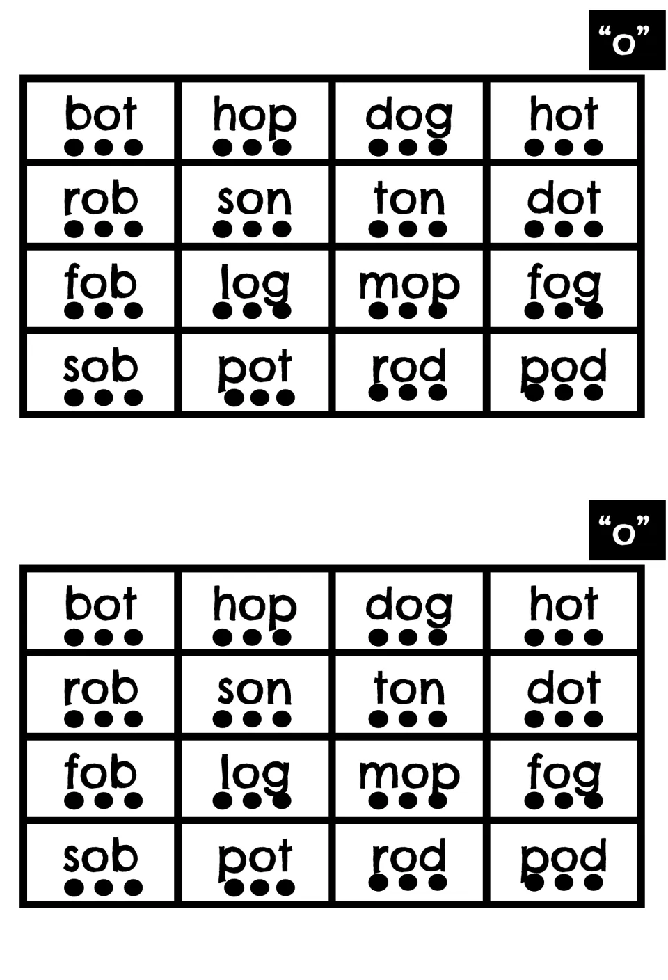 Short o CVC words: 16 words such as hop, dog, mop and pod, with three sound dots under each word for blending