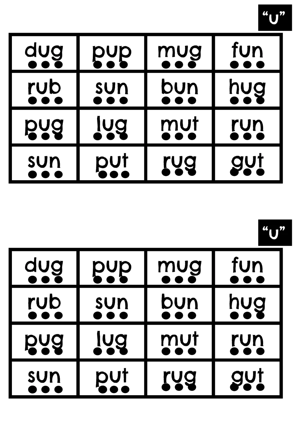 Short u CVC words: 16 words such as pup, mug, bun and rug, with a dot under each of the three sounds for blending
