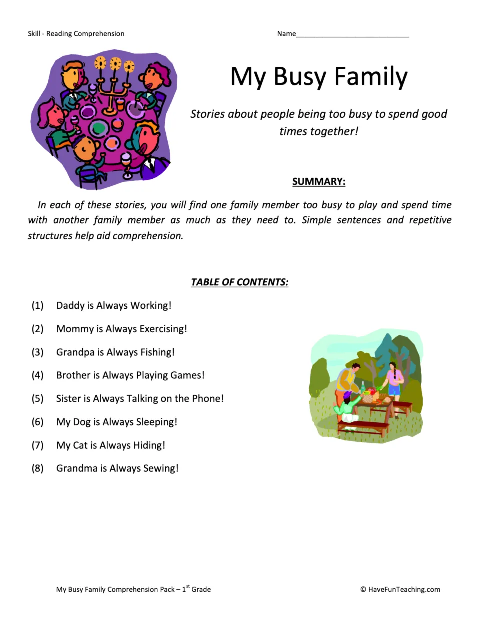 Reading collection cover and contents listing eight stories about busy parents, grandparents, siblings, and pets