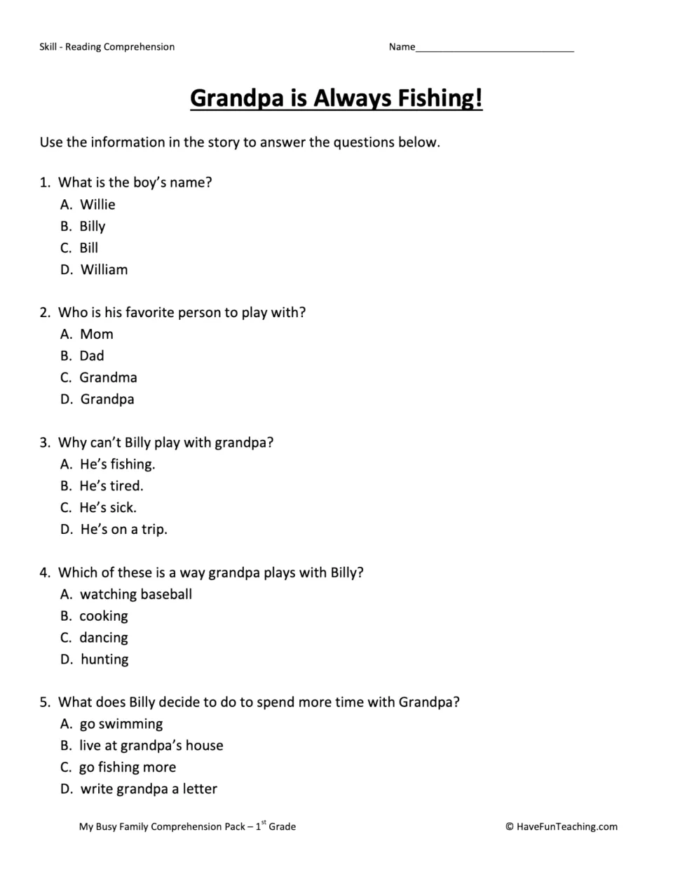 Five multiple-choice questions about Billy, his grandpa's fishing, and how they can spend more time together