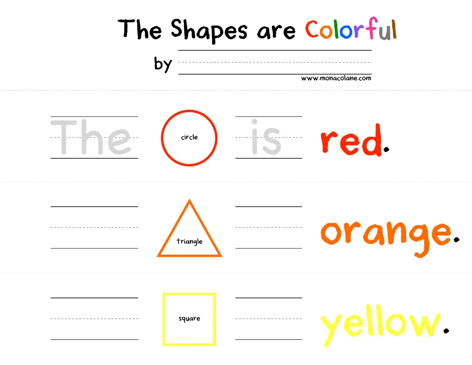 Booklet opening sheet: red circle, orange triangle, yellow square, and traceable words 'The' and 'is'.
