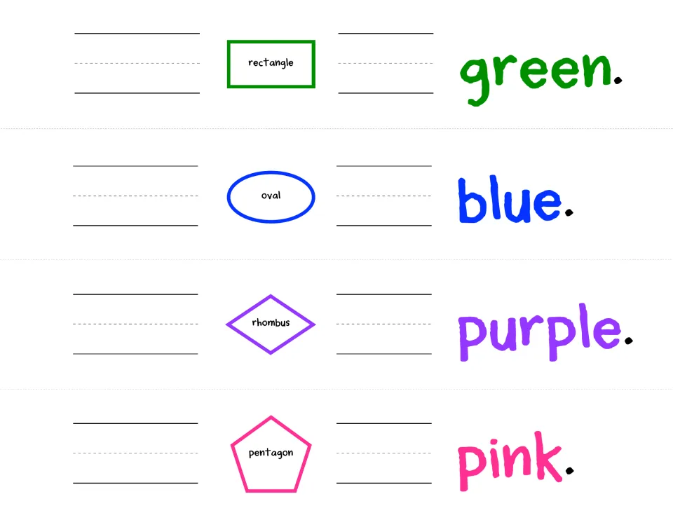 Booklet first version, second sheet: green rectangle, blue oval, purple rhombus, and pink pentagon.