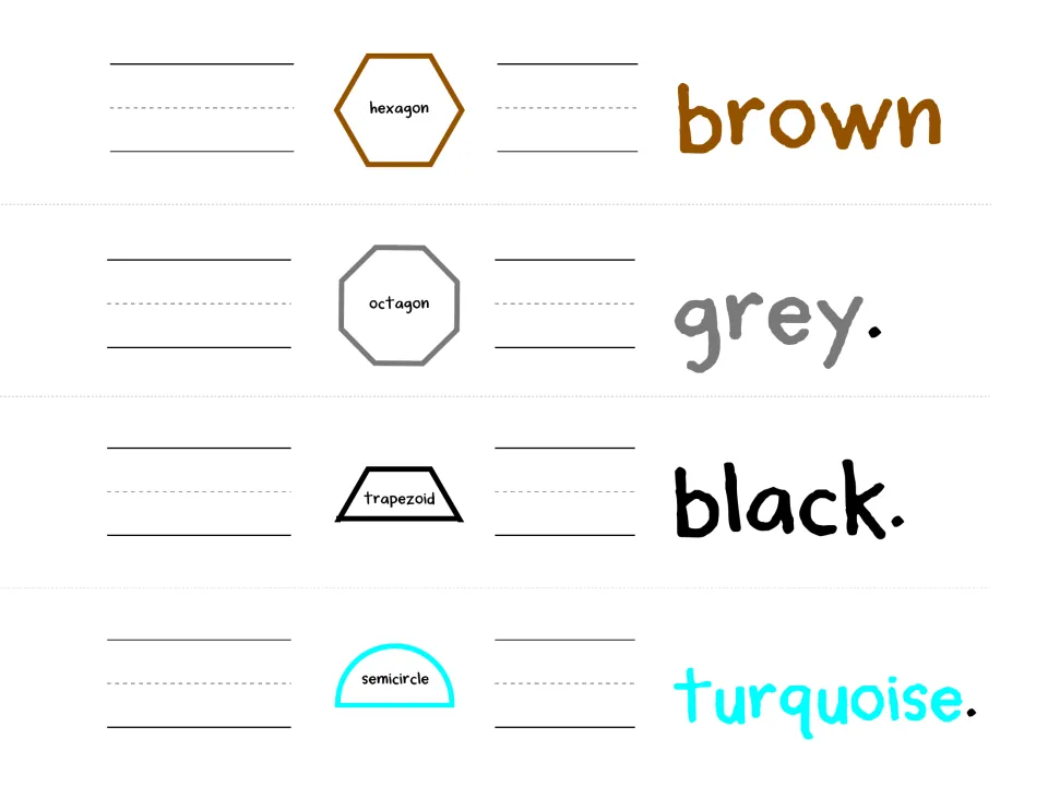 Booklet first version, final sheet: brown hexagon, gray octagon, black trapezoid, and turquoise semicircle.