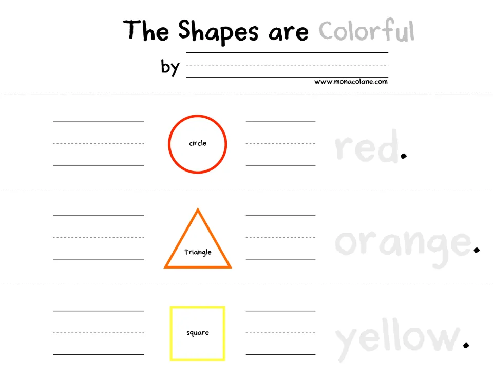 Booklet tracing version, opening sheet: circle, triangle, and square with traceable red, orange, and yellow.