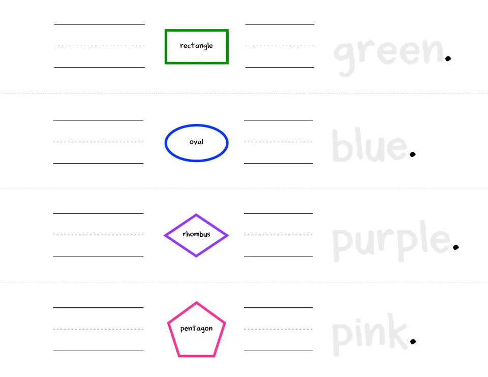 Booklet tracing sheet: rectangle, oval, rhombus, and pentagon with traceable green, blue, purple, and pink.