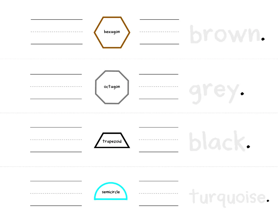 Booklet tracing sheet: hexagon, octagon, trapezoid, and semicircle paired with brown, gray, black, and turquoise.