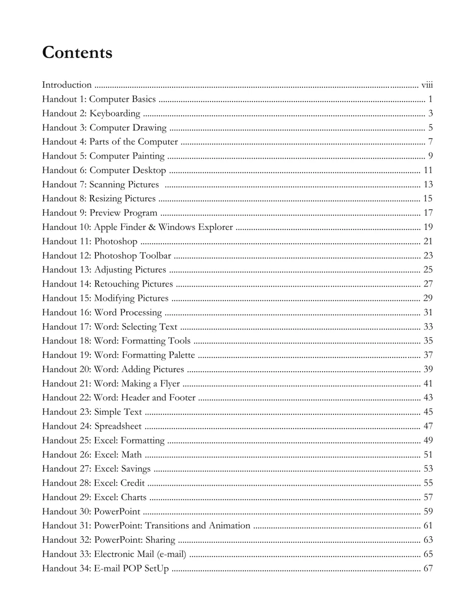 Contents for computer handouts 1–34, covering computer basics, picture editing, Word, Excel, and PowerPoint