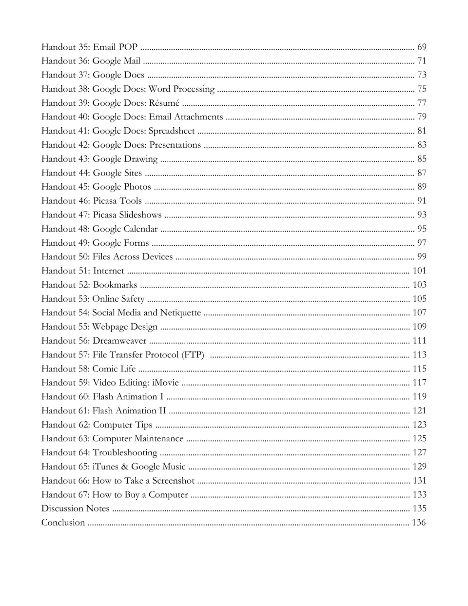 Contents for computer handouts 35–67, covering Google tools, online safety, web design, and troubleshooting