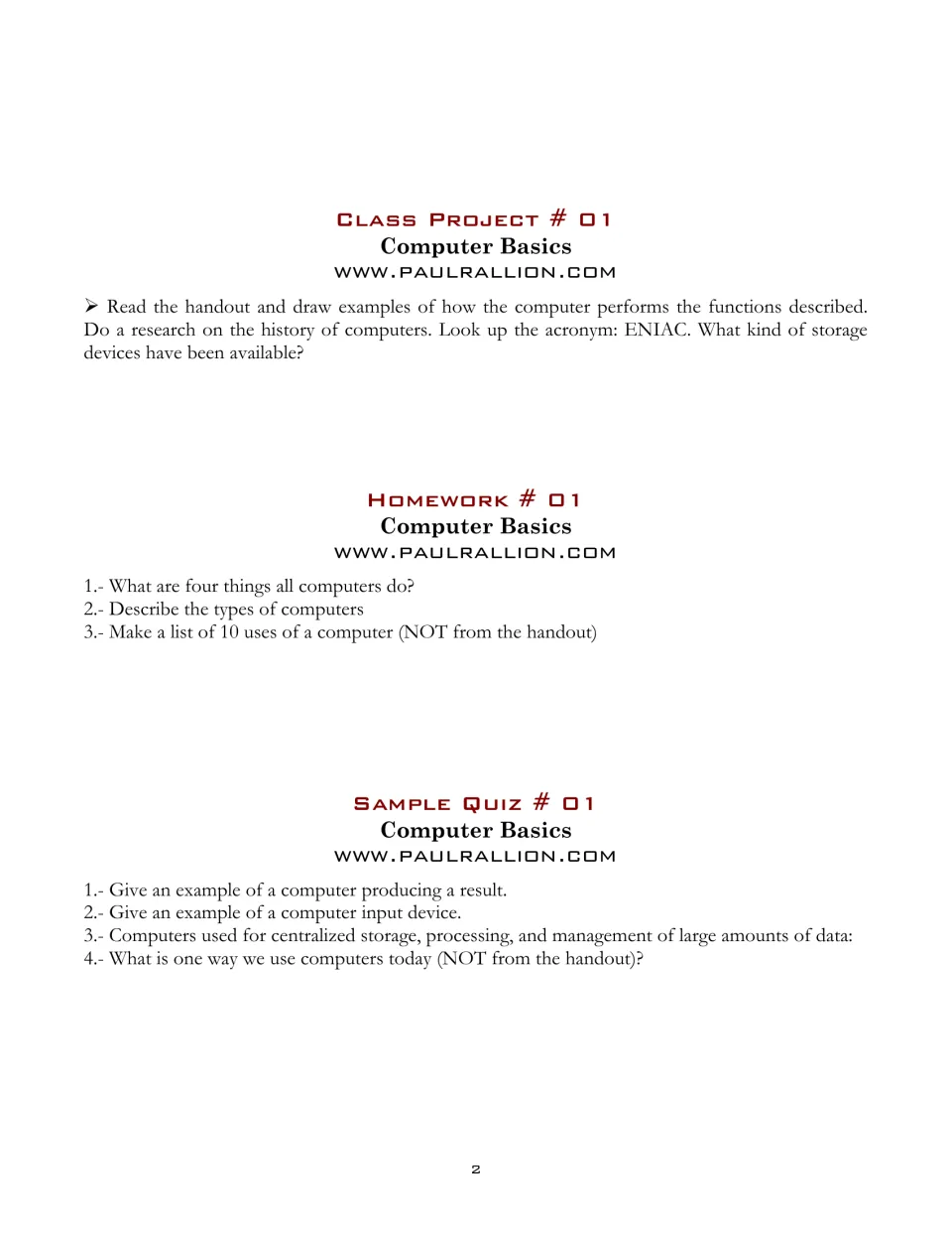Computer Basics follow-up includes a research project, three homework questions, and four sample quiz questions