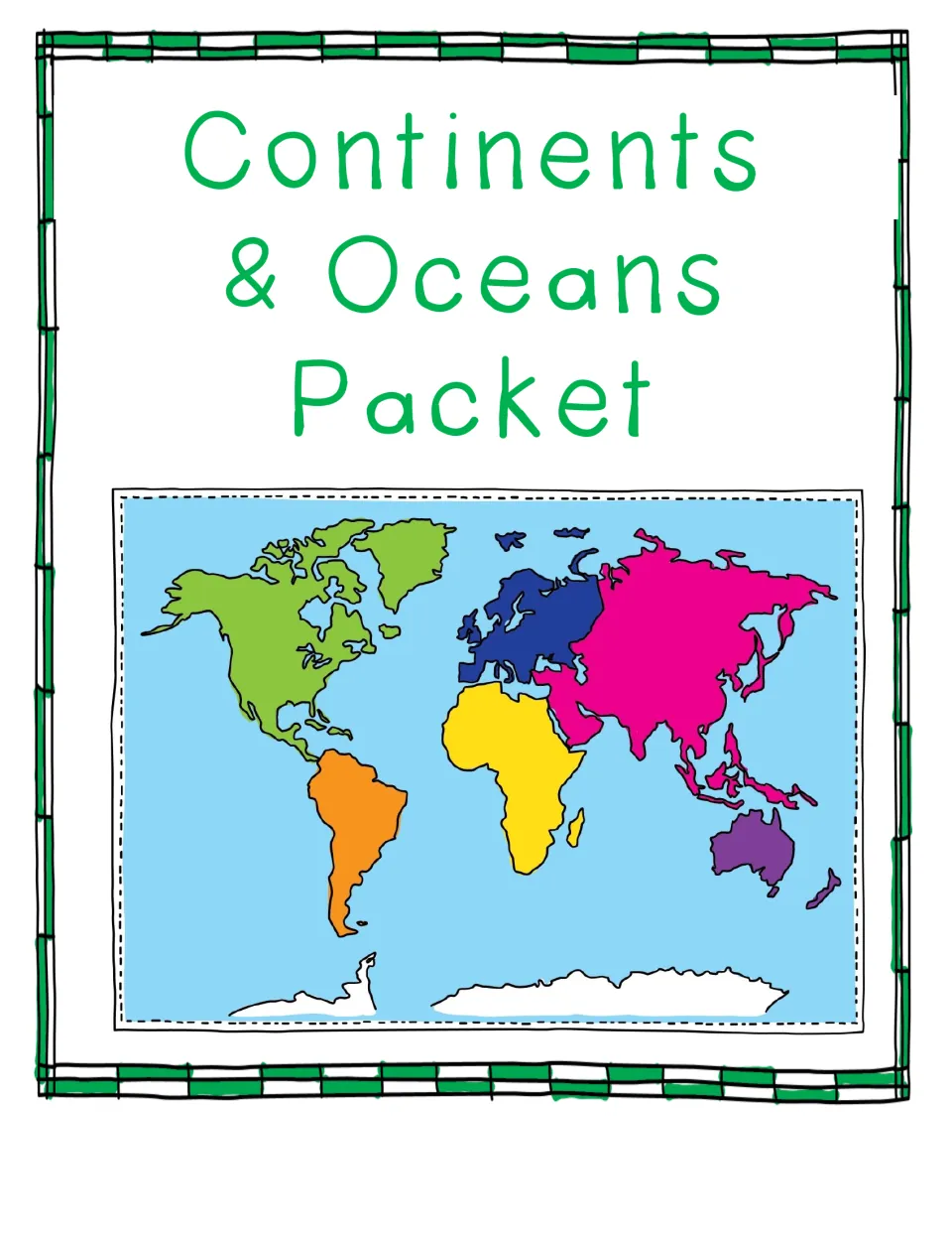 Continents & Oceans Packet cover showing a world map with each of the seven continents in a different bright color