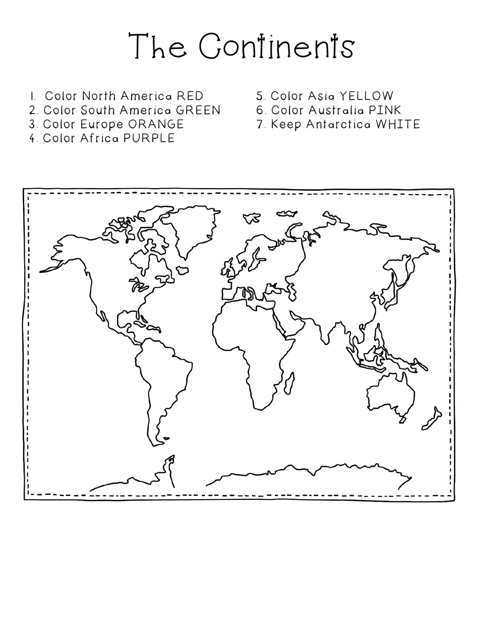 The Continents map coloring: students color each of the seven continents by a color key, keeping Antarctica white