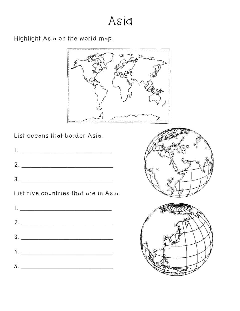 Asia: students highlight Asia on a world map, list three oceans that border it and write the names of five Asian countries