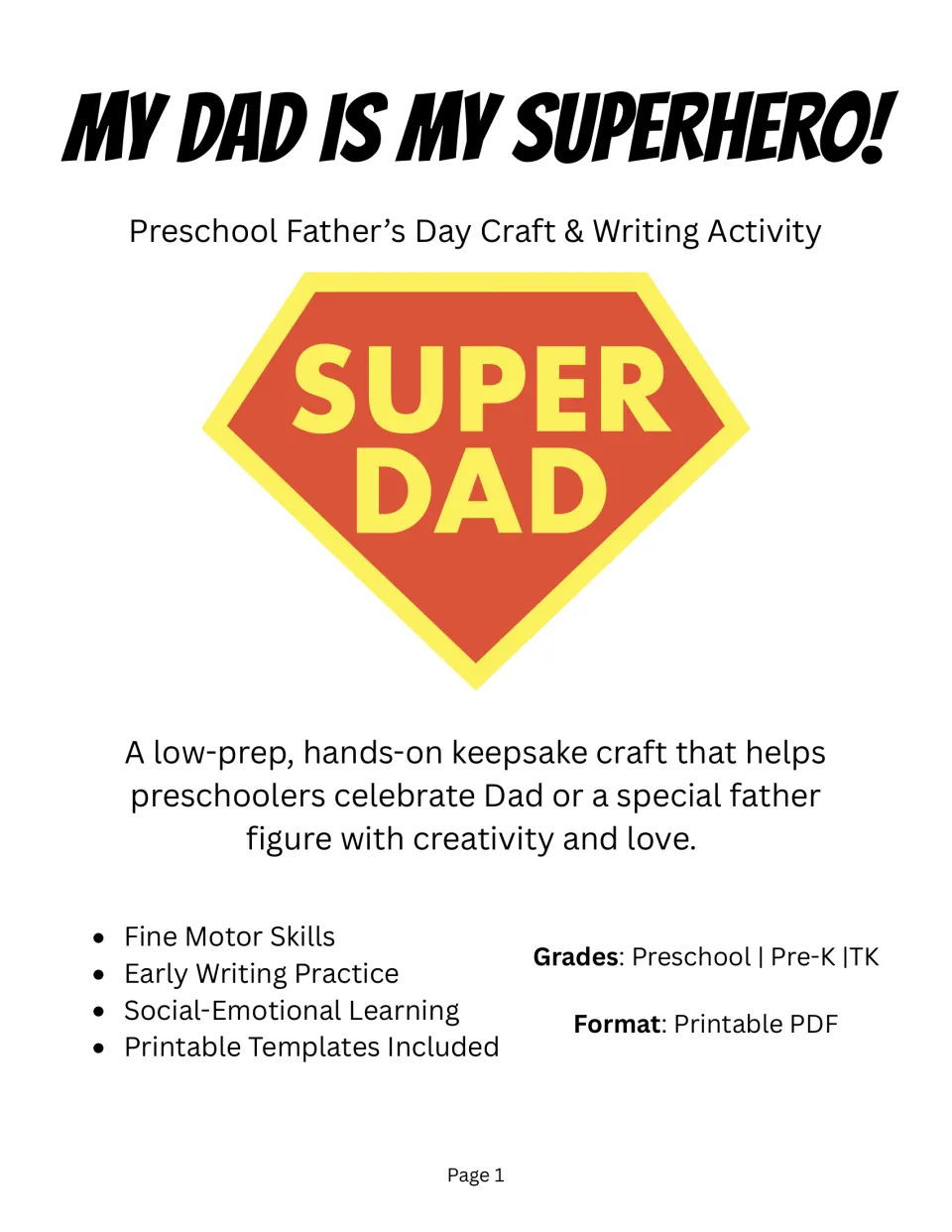 My Dad is My Superhero! cover: preschool Father's Day craft and writing activity with a red and yellow Super Dad emblem