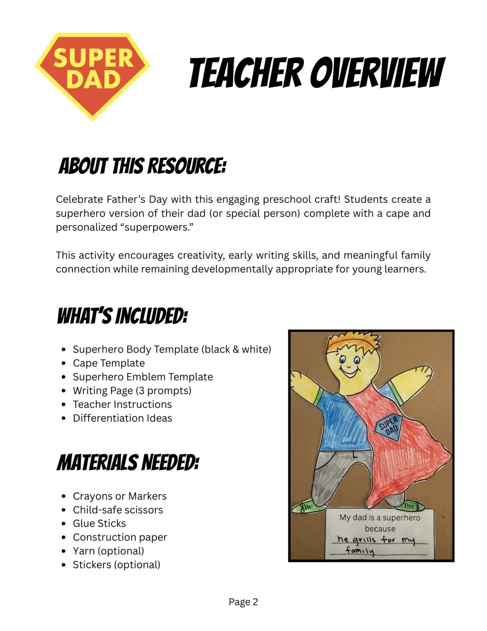 Teacher overview: about the superhero dad craft, what's included, materials list and a photo of a finished Super Dad figure