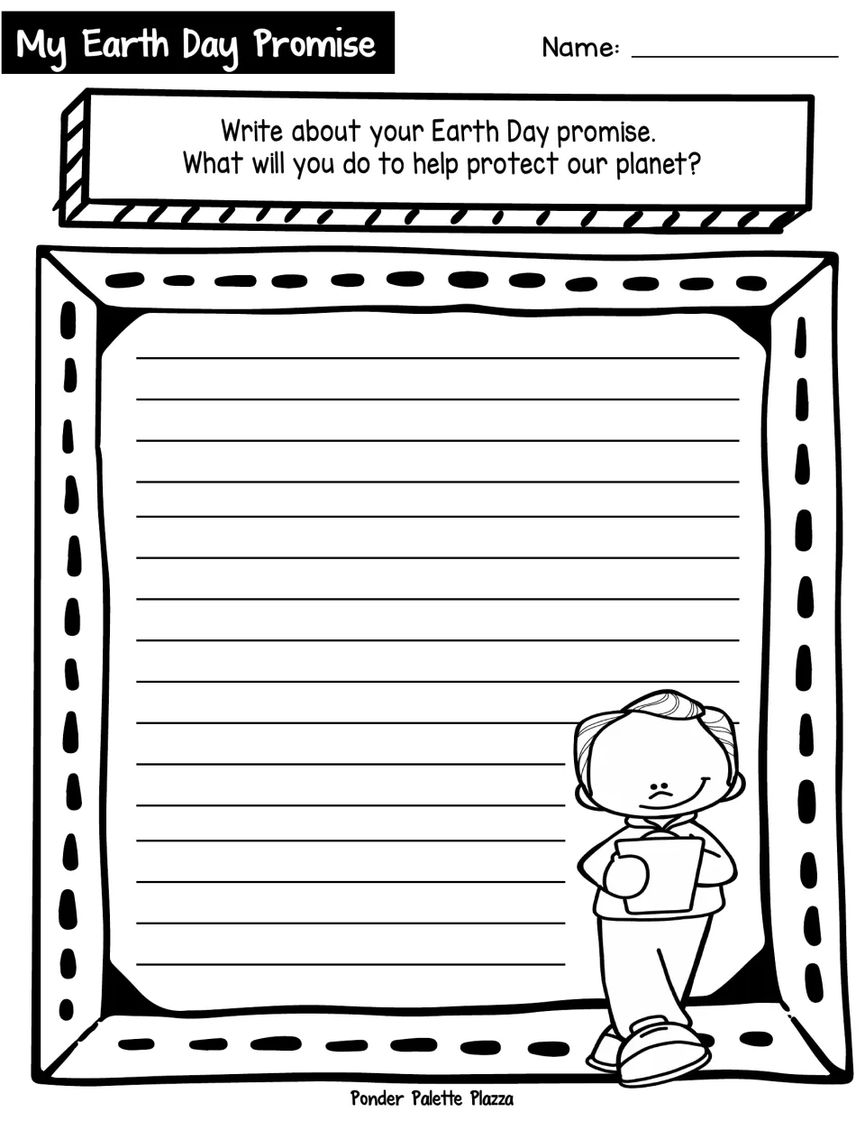 Earth Day promise writing prompt: students explain in sentences what they will do to help protect our planet