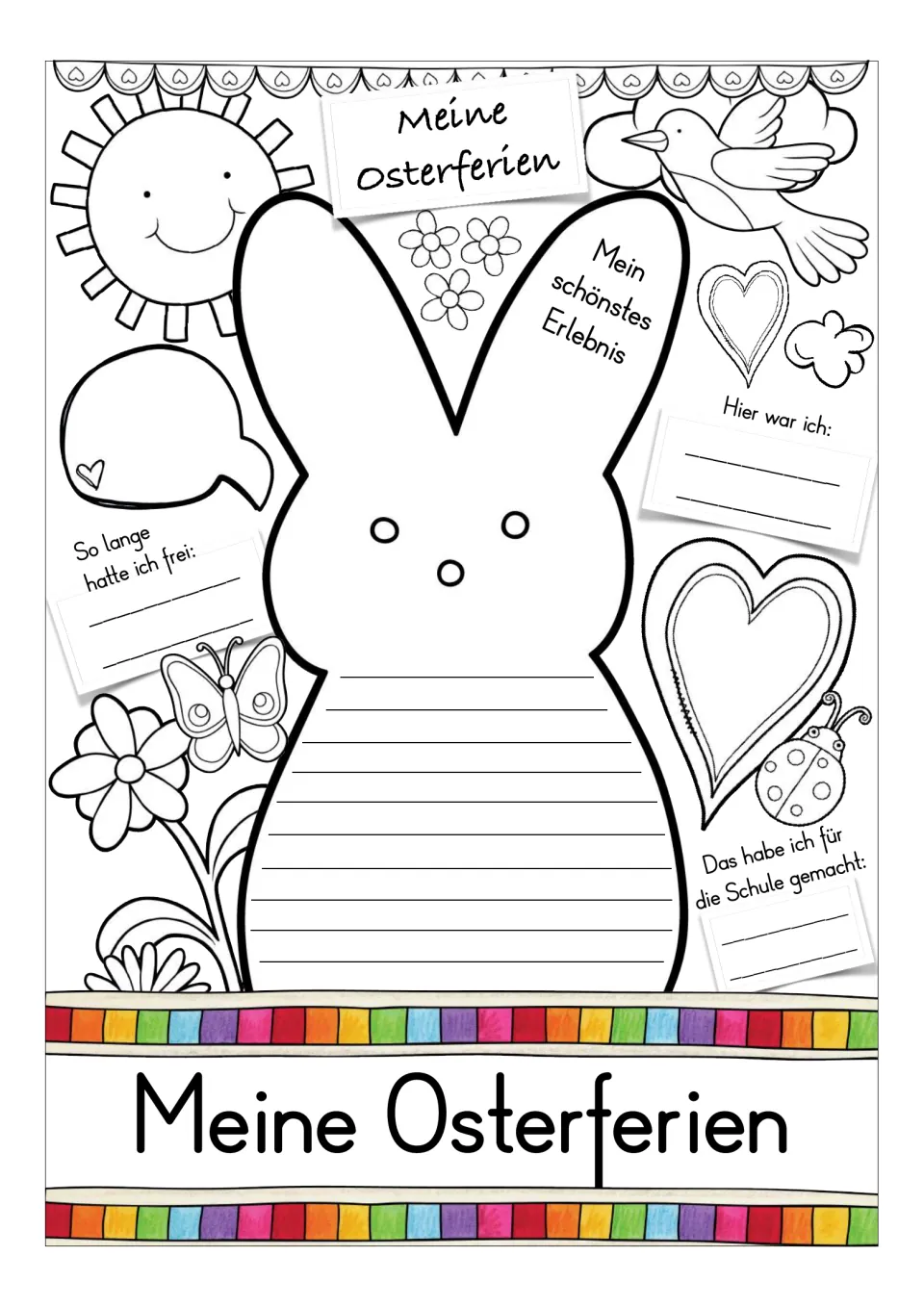German Easter vacation worksheet version 1: a bunny to color and prompts about a favorite experience and trips